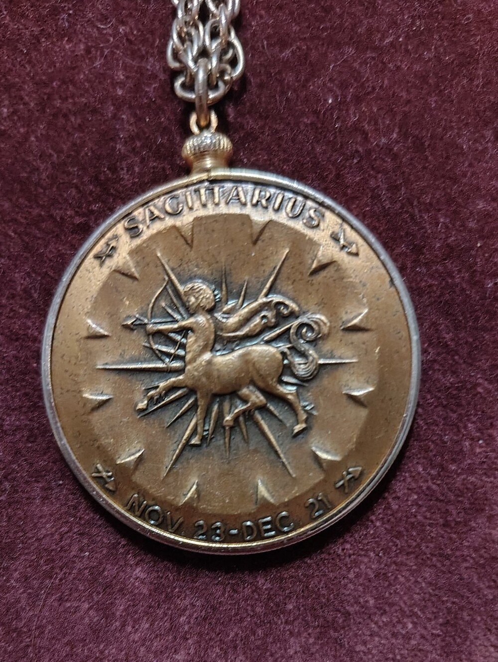 Vintage Zodiac Sagatarious Bronze Pendant And Antique Plated Gold Chain